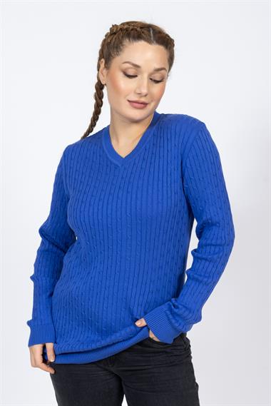 Vs Kadın V Yaka Saç Örgü U.Kol Kazak Trk SAX MAVİ