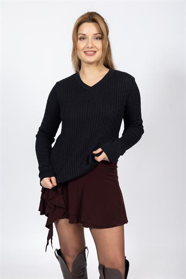 Vs Kadın V Yaka Saç Örgü U.Kol Kazak Trk SİYAH