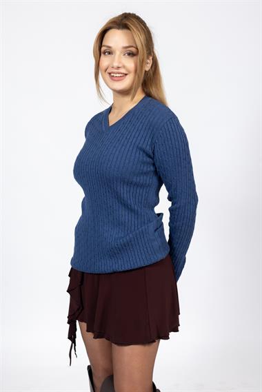 Vs Kadın V Yaka Saç Örgü U.Kol Kazak Trk İNDİGO