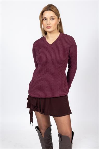 Vs Kadın V Yaka Saç Örgü U.Kol Kazak Trk Bordo 1