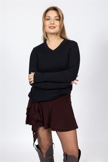 Vs Kadın V Yaka Saç Örgü U.Kol Kazak Trk SİYAH