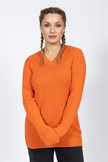 Vs Kadın V Yaka Saç Örgü U.Kol Kazak Trk TURUNCU