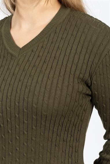 Vs Kadın V Yaka Saç Örgü U.Kol Kazak Trk HAKİ YEŞİL