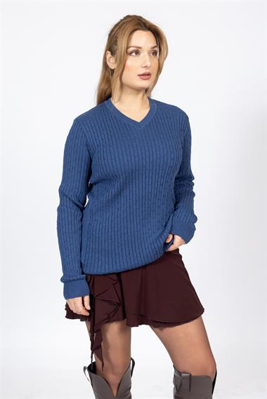 Vs Kadın V Yaka Saç Örgü U.Kol Kazak Trk İNDİGO