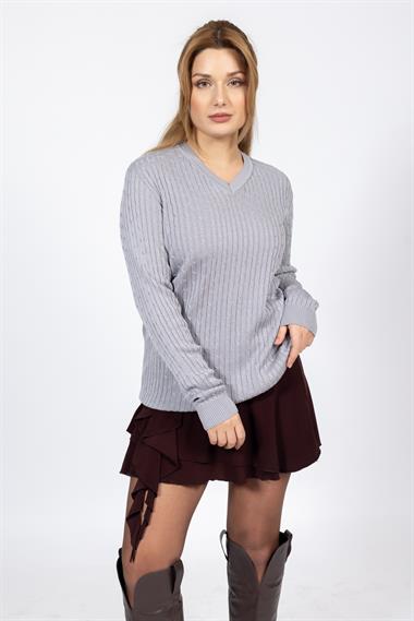 Vs Kadın V Yaka Saç Örgü U.Kol Kazak Trk GRİ