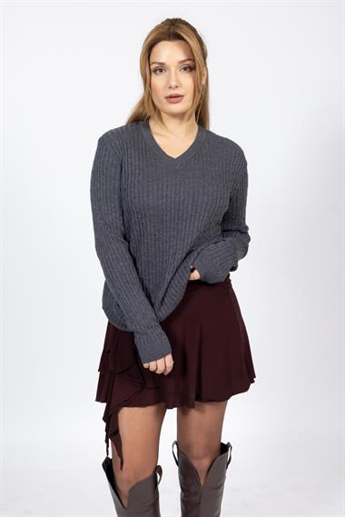 Vs Kadın V Yaka Saç Örgü U.Kol Kazak Trk ANTRASİT