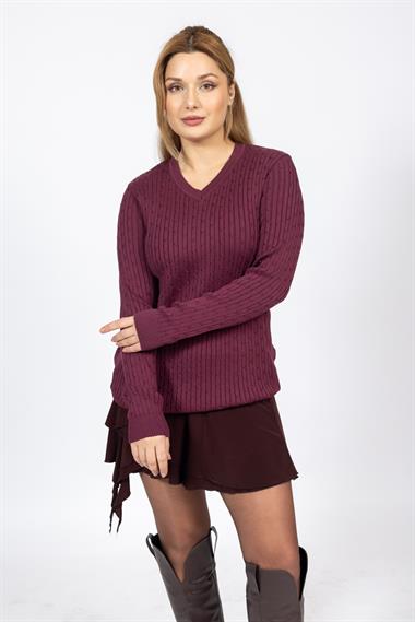 Vs Kadın V Yaka Saç Örgü U.Kol Kazak Trk Bordo 1