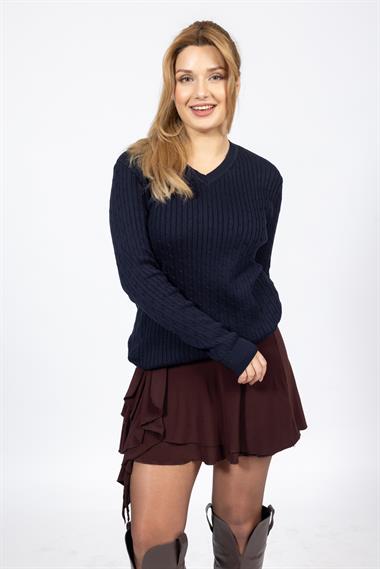 Vs Kadın V Yaka Saç Örgü U.Kol Kazak Trk LACİVERT