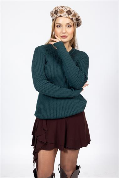 Vs Kadın V Yaka Saç Örgü U.Kol Kazak Trk PETROL YEŞİLİ