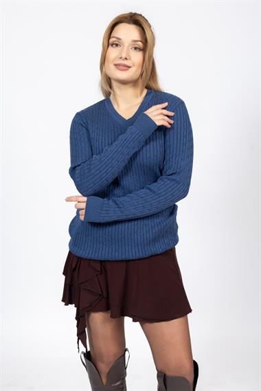 Vs Kadın V Yaka Saç Örgü U.Kol Kazak Trk İNDİGO