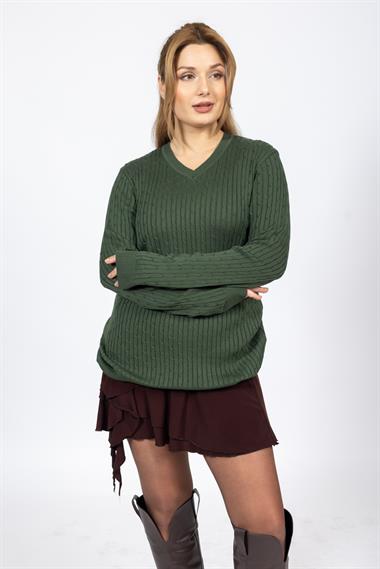 Vs Kadın V Yaka Saç Örgü U.Kol Kazak Trk YEŞİL