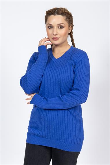 Vs Kadın V Yaka Saç Örgü U.Kol Kazak Trk SAX MAVİ