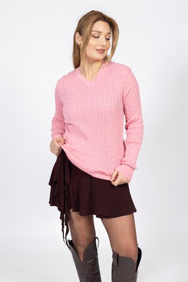 Vs Kadın V Yaka Saç Örgü U.Kol Kazak Trk PEMBE