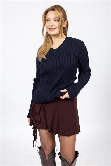 Vs Kadın V Yaka Saç Örgü U.Kol Kazak Trk LACİVERT