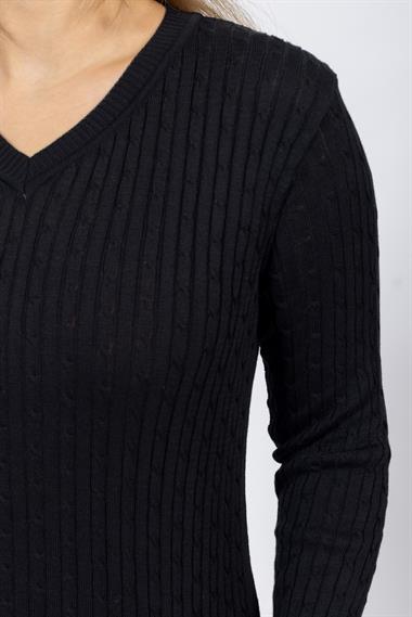 Vs Kadın V Yaka Saç Örgü U.Kol Kazak Trk SİYAH