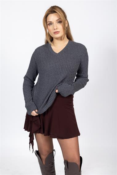 Vs Kadın V Yaka Saç Örgü U.Kol Kazak Trk ANTRASİT