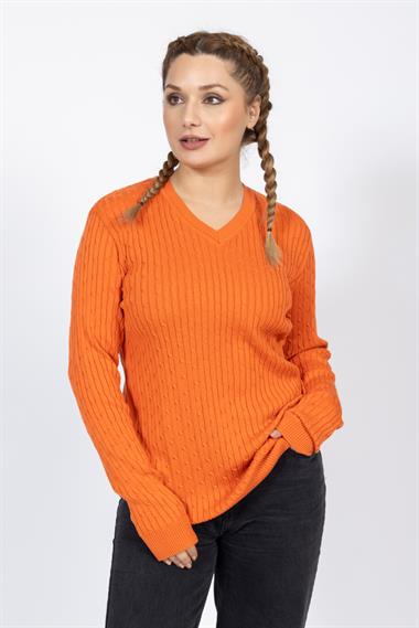 Vs Kadın V Yaka Saç Örgü U.Kol Kazak Trk TURUNCU