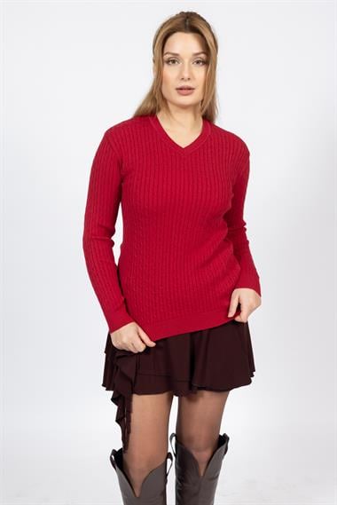 Vs Kadın V Yaka Saç Örgü U.Kol Kazak Trk BORDO