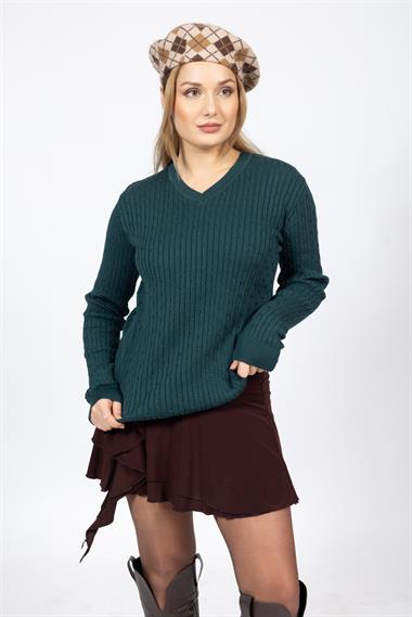 Vs Kadın V Yaka Saç Örgü U.Kol Kazak Trk PETROL YEŞİLİ