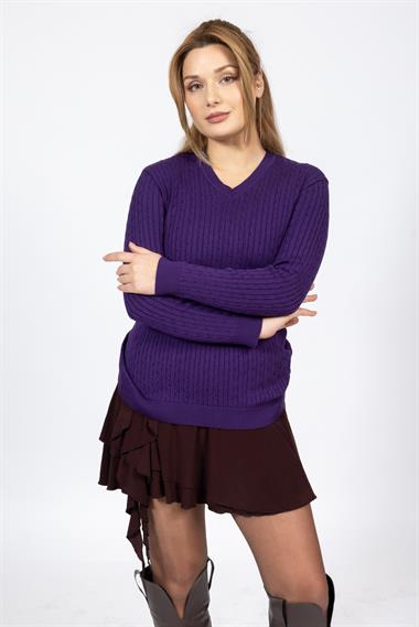Vs Kadın V Yaka Saç Örgü U.Kol Kazak Trk MOR