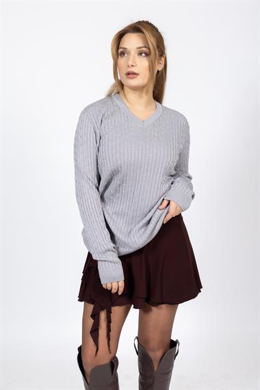 Vs Kadın V Yaka Saç Örgü U.Kol Kazak Trk GRİ