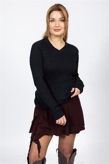 Vs Kadın V Yaka Saç Örgü U.Kol Kazak Trk SİYAH