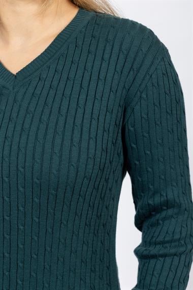 Vs Kadın V Yaka Saç Örgü U.Kol Kazak Trk PETROL YEŞİLİ