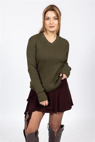 Vs Kadın V Yaka Saç Örgü U.Kol Kazak Trk HAKİ YEŞİL
