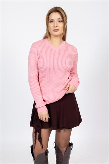 Vs Kadın V Yaka Saç Örgü U.Kol Kazak Trk PEMBE