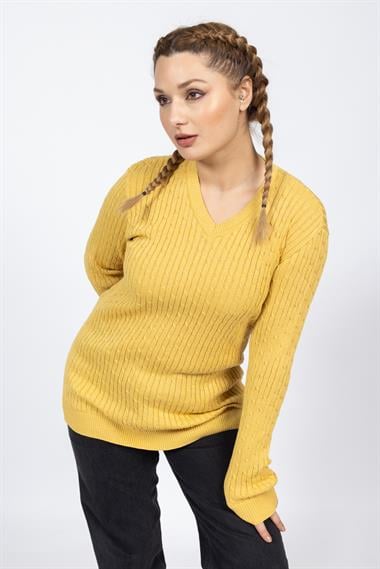 Vs Kadın V Yaka Saç Örgü U.Kol Kazak Trk HARDAL