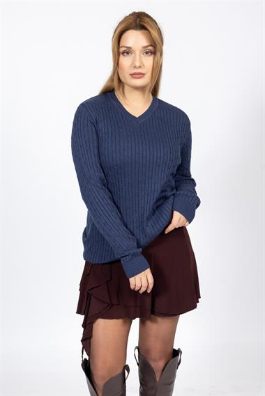 Vs Kadın V Yaka Saç Örgü U.Kol Kazak Trk A.LACİVERT