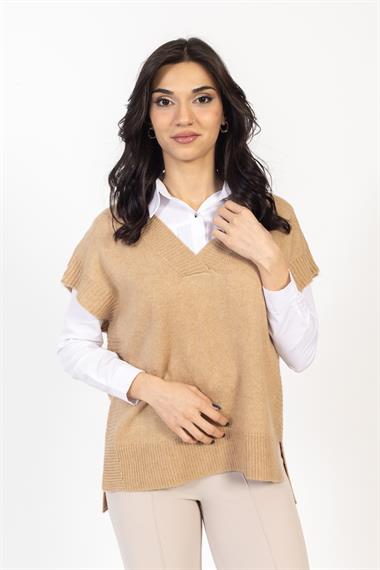 Vs Kadın V Yaka Triko Kolsuz Kazak 23 19 Emy 23k CAMEL