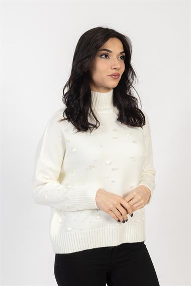 Vs Kadın Yarım Balıkcı İncili Örme Triko Kazak 23 677 Emy 23k EKRU