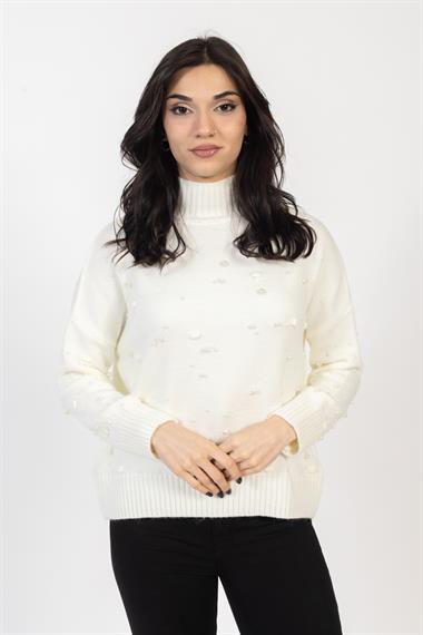 Vs Kadın Yarım Balıkcı İncili Örme Triko Kazak 23 677 Emy 23k EKRU