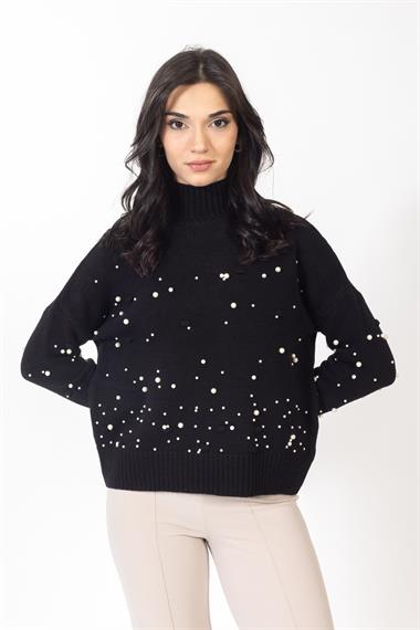Vs Kadın Yarım Balıkcı İncili Örme Triko Kazak 23 677 Emy 23k SİYAH