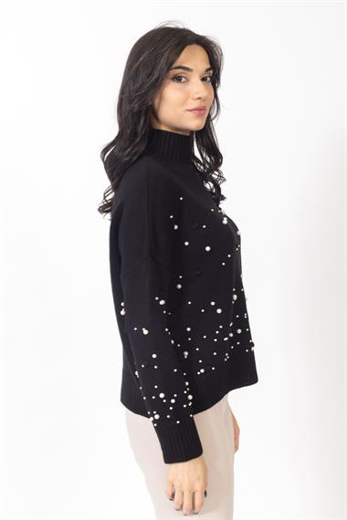 Vs Kadın Yarım Balıkcı İncili Örme Triko Kazak 23 677 Emy 23k SİYAH