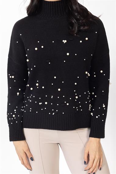 Vs Kadın Yarım Balıkcı İncili Örme Triko Kazak 23 677 Emy 23k SİYAH