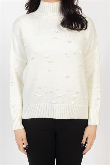 Vs Kadın Yarım Balıkcı İncili Örme Triko Kazak 23 677 Emy 23k EKRU