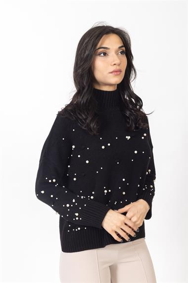 Vs Kadın Yarım Balıkcı İncili Örme Triko Kazak 23 677 Emy 23k SİYAH