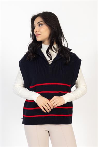 Vs Kadın Yarım Fer.Kolsuz Çizgili Triko Kazak 22 561 Emy 23k LACİVERT/KIRMIZI