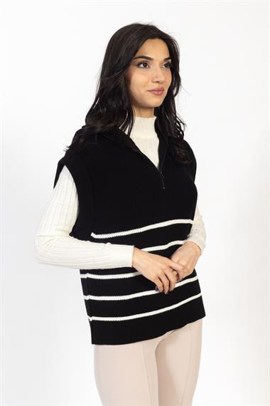 Vs Kadın Yarım Fer.Kolsuz Çizgili Triko Kazak 22 561 Emy 23k SİYAH/EKRU