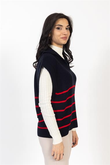 Vs Kadın Yarım Fer.Kolsuz Çizgili Triko Kazak 22 561 Emy 23k LACİVERT/KIRMIZI
