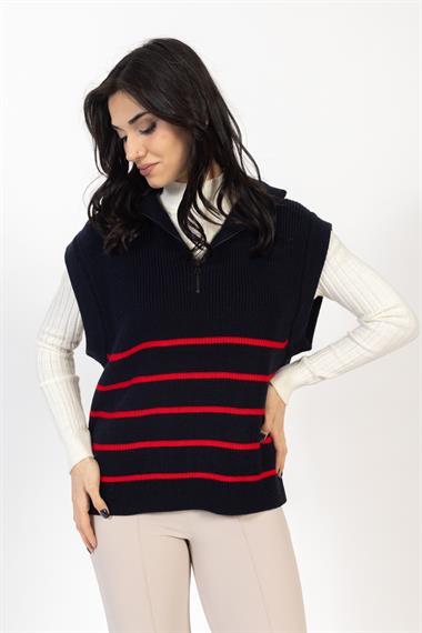 Vs Kadın Yarım Fer.Kolsuz Çizgili Triko Kazak 22 561 Emy 23k LACİVERT/KIRMIZI