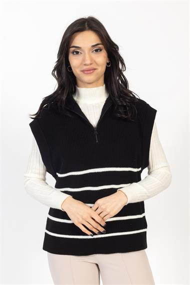 Vs Kadın Yarım Fer.Kolsuz Çizgili Triko Kazak 22 561 Emy 23k SİYAH/EKRU