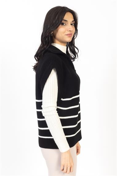 Vs Kadın Yarım Fer.Kolsuz Çizgili Triko Kazak 22 561 Emy 23k SİYAH/EKRU