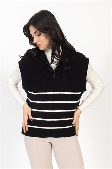 Vs Kadın Yarım Fer.Kolsuz Çizgili Triko Kazak 22 561 Emy 23k SİYAH/EKRU