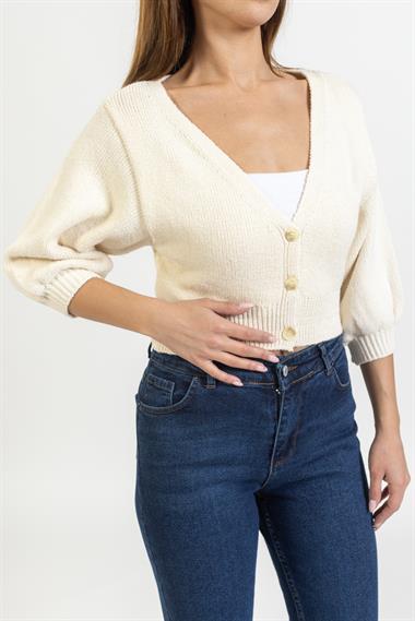 Zr Bayan Dügmeli Kısa Hırka KREM