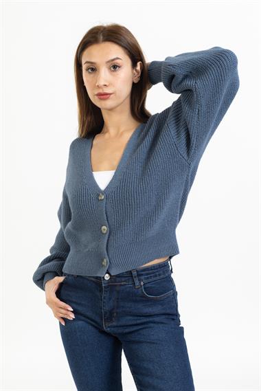 Zr Bayan Dügmeli Kısa Hırka MAVİ