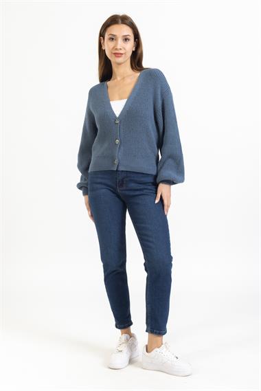 Zr Bayan Dügmeli Kısa Hırka MAVİ