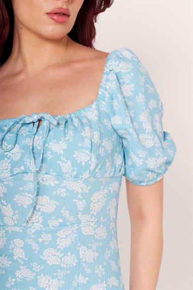 Zra Bayan Omuzları Lastikli K.Kol Elbise 24y Cu MAVİ/DESENLİ